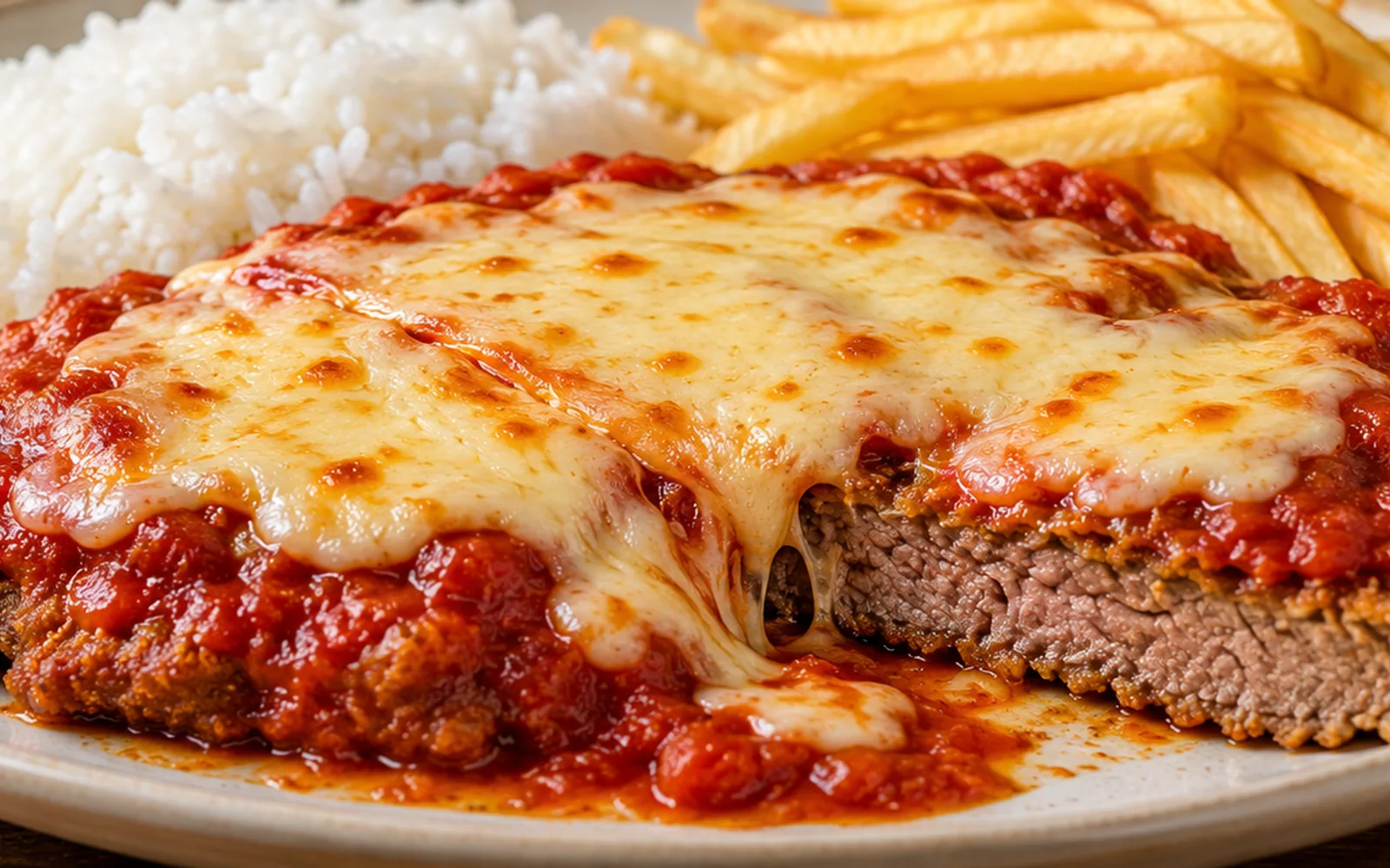 Foto de Bife à parmegiana com arroz e batata frita