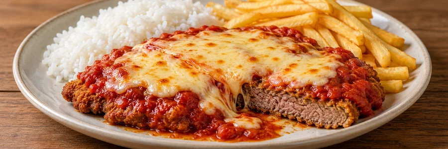 Foto de Bife à parmegiana com arroz e batata frita