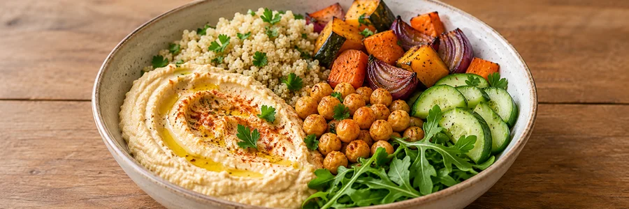 Foto de Bowl de homus com quinoa, legumes assados e grão-de-bico crocante