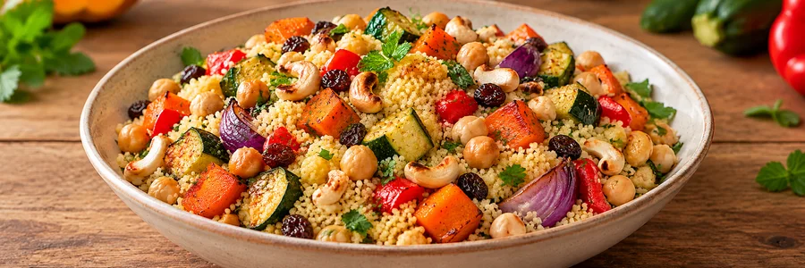 Foto de Cuscuz marroquino com legumes assados, grão-de-bico e castanhas
