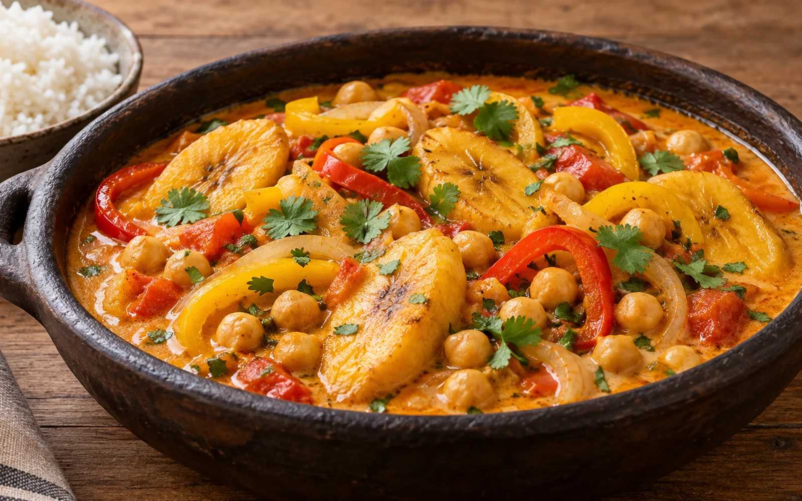 Foto de Moqueca de banana-da-terra com grão-de-bico e arroz branco