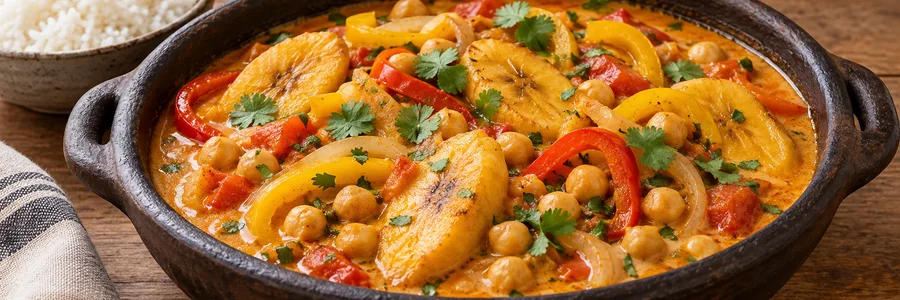 Foto de Moqueca de banana-da-terra com grão-de-bico e arroz branco