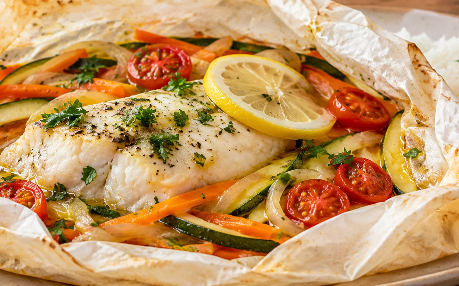 Foto de Papilote de peixe com legumes e arroz branco