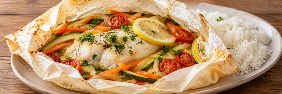 Foto de Papilote de peixe com legumes e arroz branco
