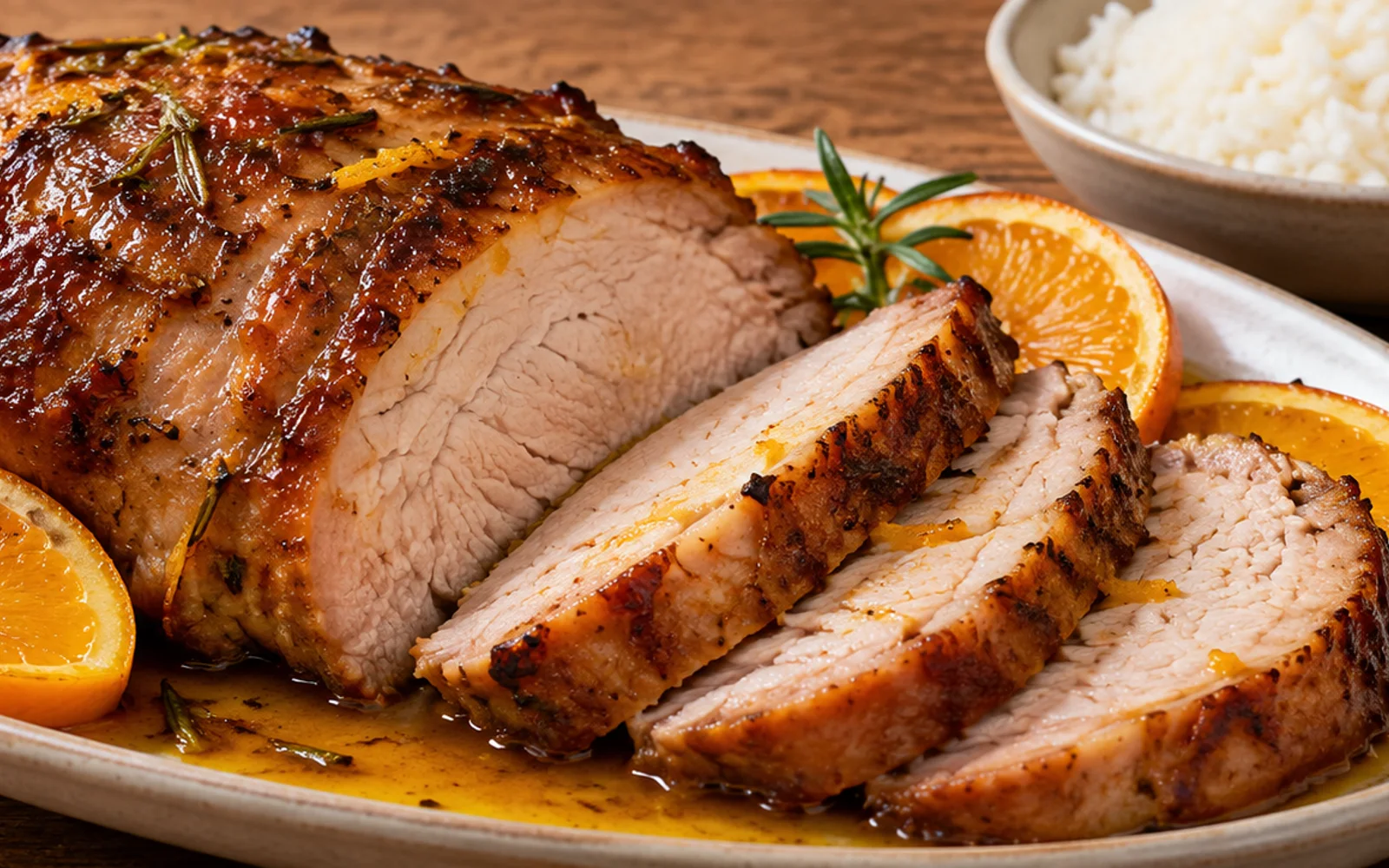 Foto de Pernil assado com laranja, arroz e farofa