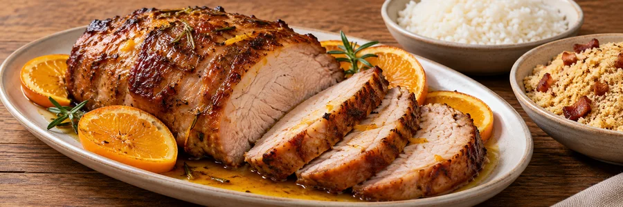 Foto de Pernil assado com laranja, arroz e farofa
